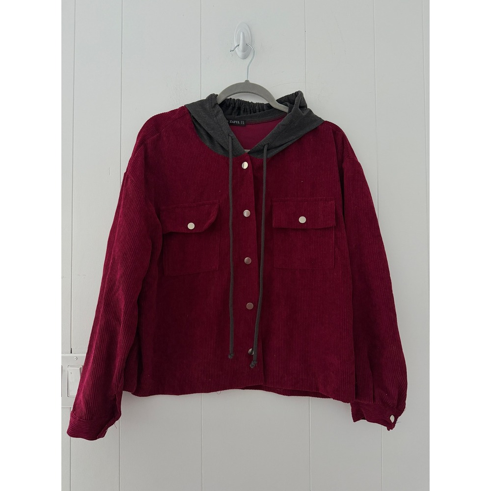 Zaful Burgundy Corduroy Hooded Jacket Womens Medium Snap Front Shacket Wine Grey